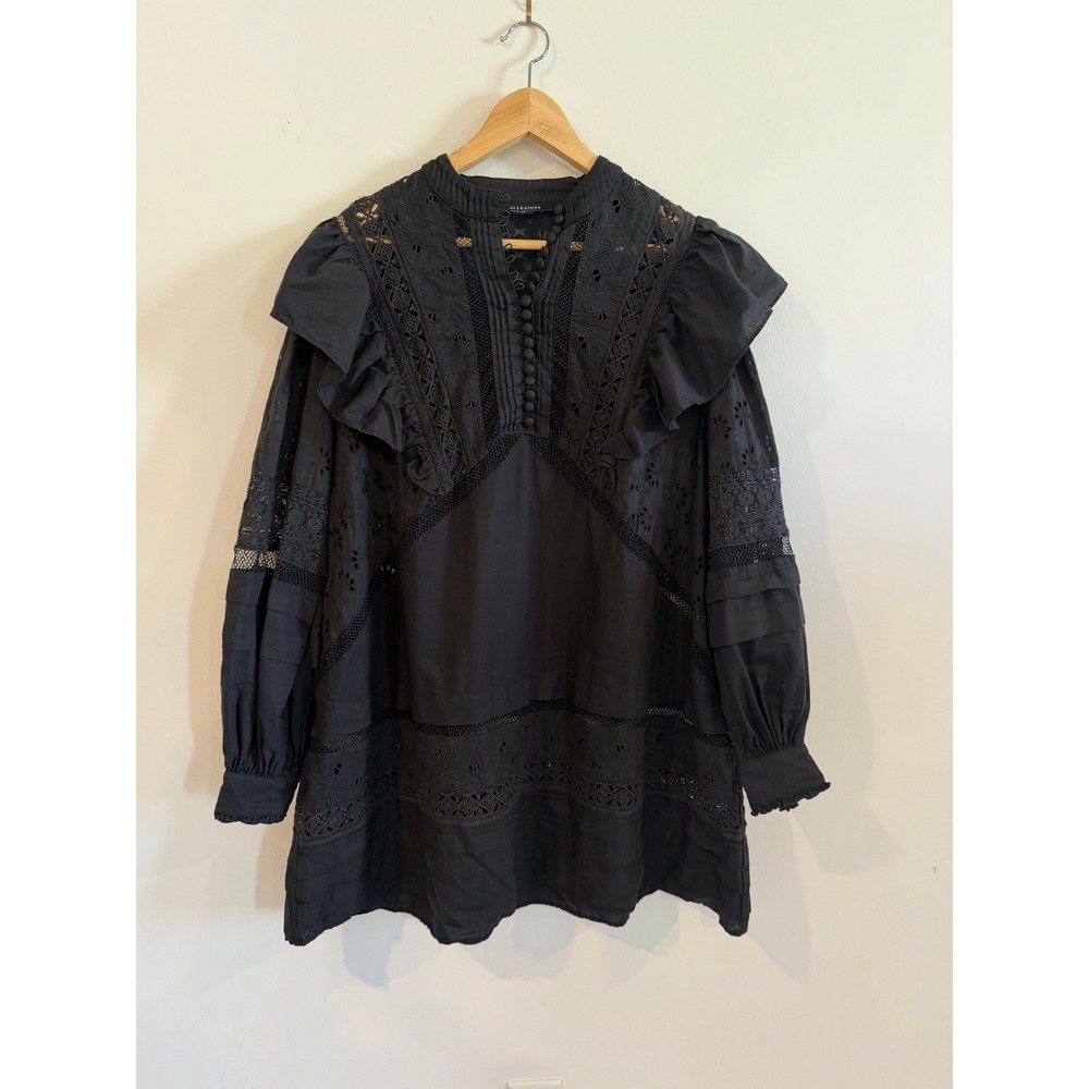All Saints Prim Broderie Dress Black Eyelet Lace Ruffle Mini  US 6